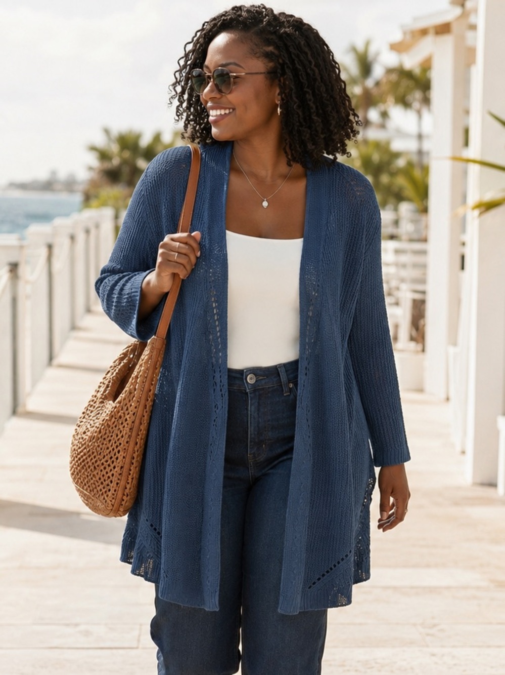 Pink Rose Duster Cardigan Cotton Blend Draped Size L Blue Casual Office Layering